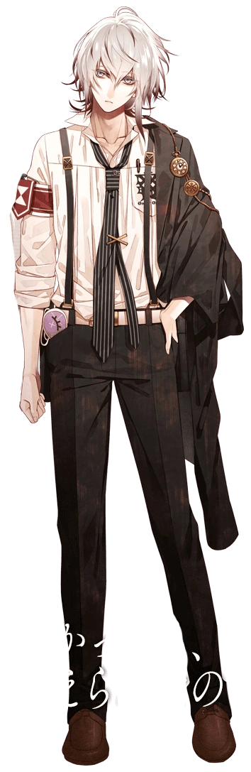 A promotional image of Kei Okazaki from Collar X Malice, a full body portrait. He is tall, thin, with slightly unkempt white hair. He is weariing black pants and white shirt, and his black jacket is hanging half off his shoulders, because he only has one arm in. He also wears suspenders, a slight too-long tie, and has a purple sleep mask tucked into his belt.