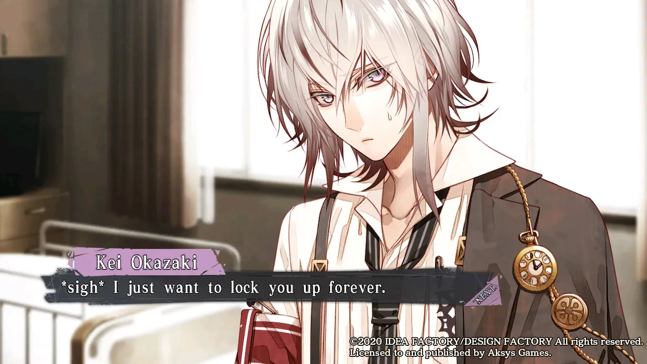 a screenshot from the game, Kei saying '*sigh* I wish I could just lock you up forever'