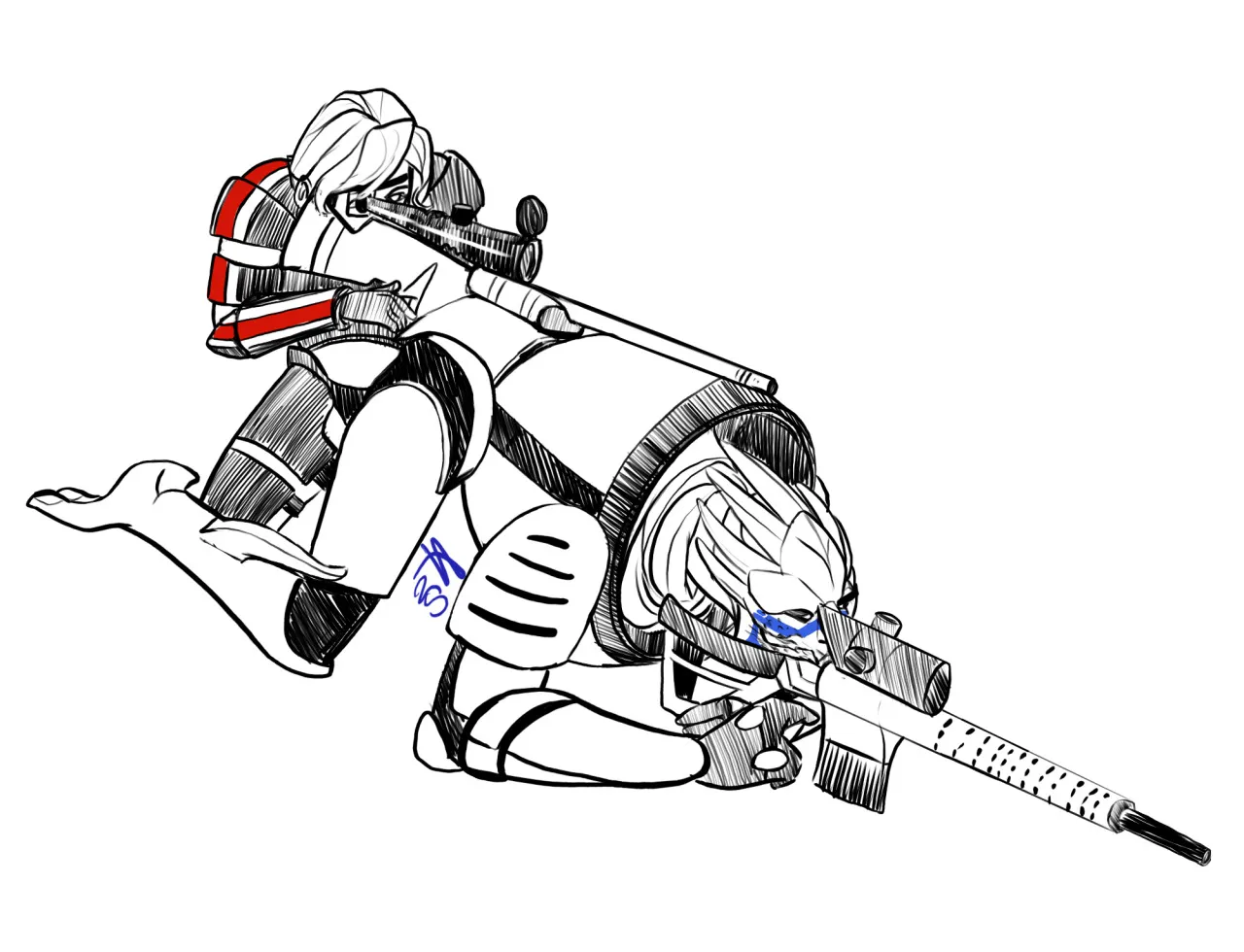 deeply silly drawiing of garrus & shepard, with Garrus crouched on all fours and Shep kneeling behind him, using him to steady her sniper rifle
