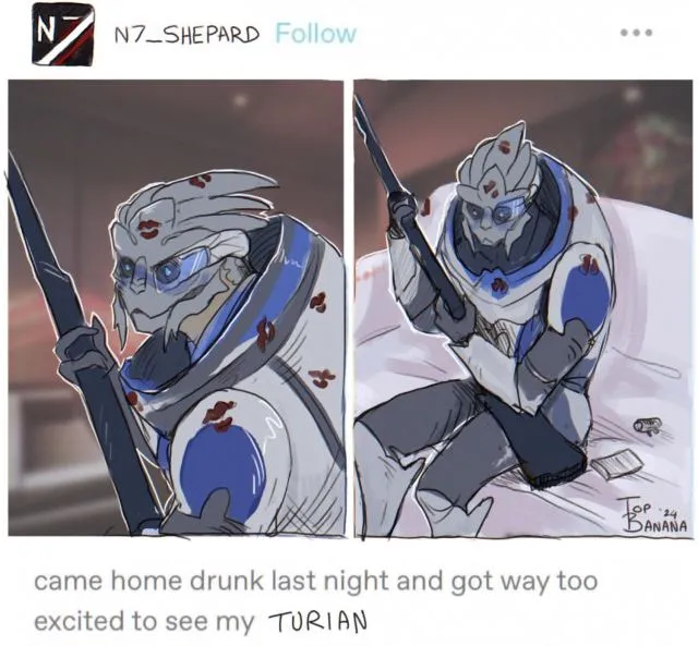 a drawing of a tweet - two pictures of Garrus covered in lipstick marks and the caption 'i came home drunk last night and got way too excited to see my turian