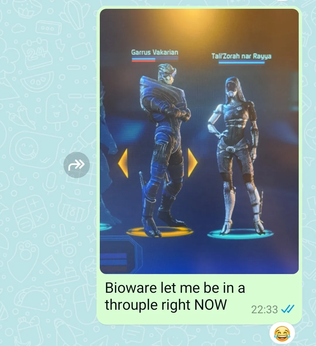 a screenshot a text, with a picture of Garrus & Tali from the character selection screen, and the message 'Bioware let me be in a throuple right NOW'