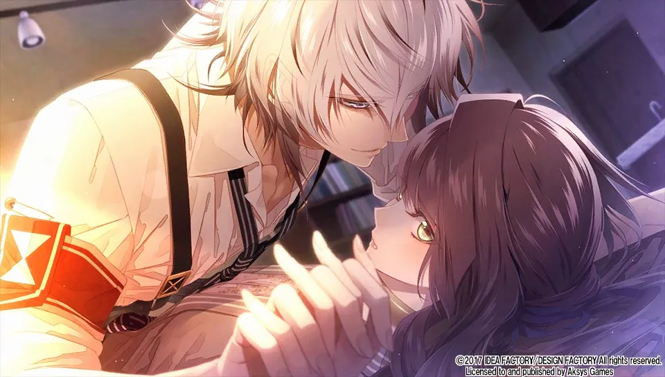 Kei, leaning over Ichika on a bed. He is looking intently at her, while she glances at their intertwined hands.