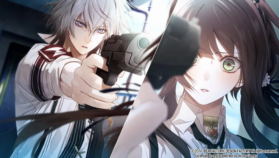 a split-view picture. On the left, Kei, holding a gun in an outstretched hand, with a serious expression. On the right, Ichika, eyes wide in shock, the barrel of the gun covering part of her face.