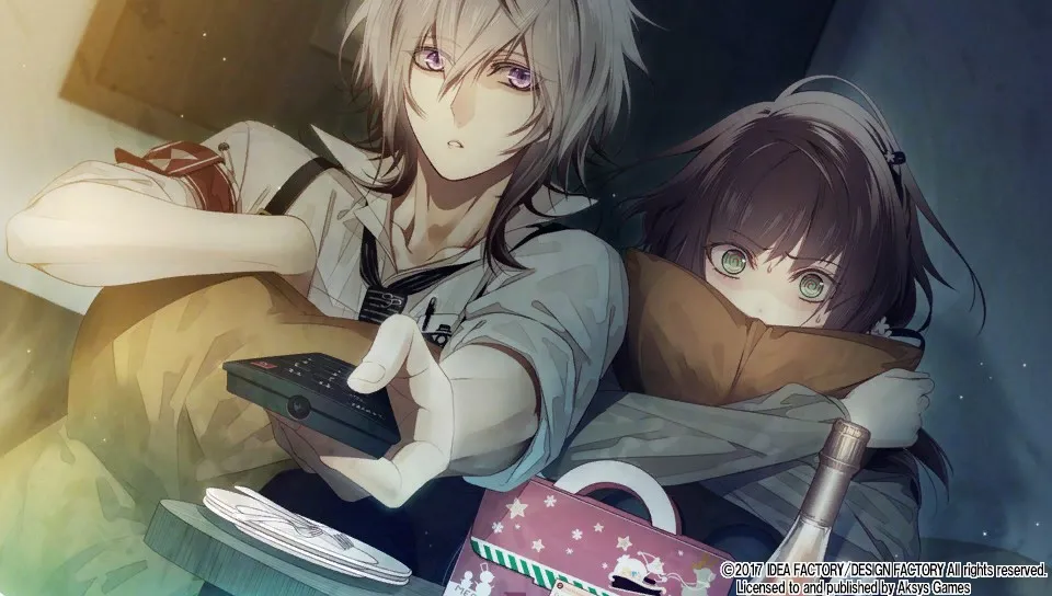 Kei and Ichika sitting on a couch, watching a movie. He is holding the remote control, and is looking at her quizzically. She is hiding most of her face behind a cushion, which she grips tightly, peeking above it.